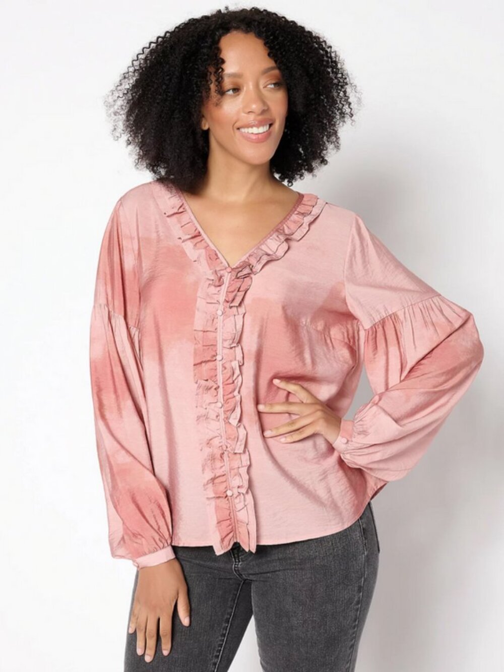 Me by Jennie Garth Bodie Printed Shell Pink Blouse w/Ruffle Neckline NWT